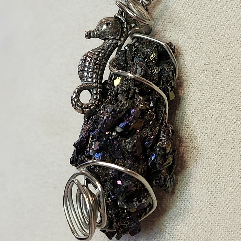 Handcrafted Crystal Bismuth Necklace with Silver Seahorse